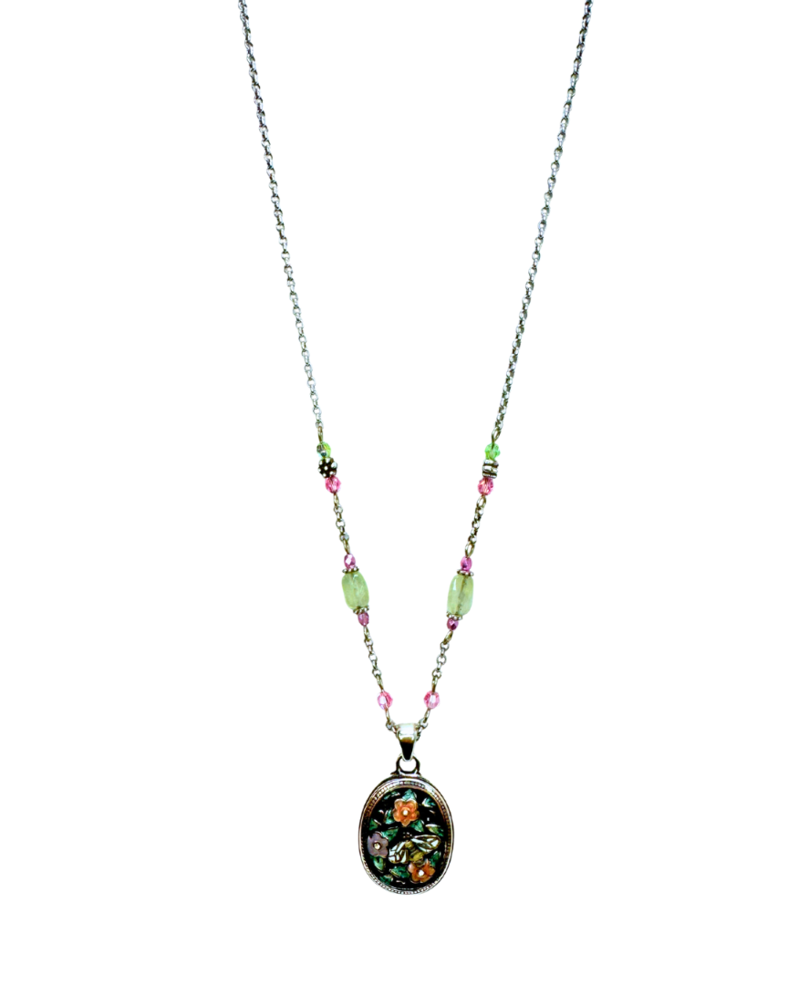 Brighton Silver Tone Beaded Bee Cameo Necklace Pink Green Purple
