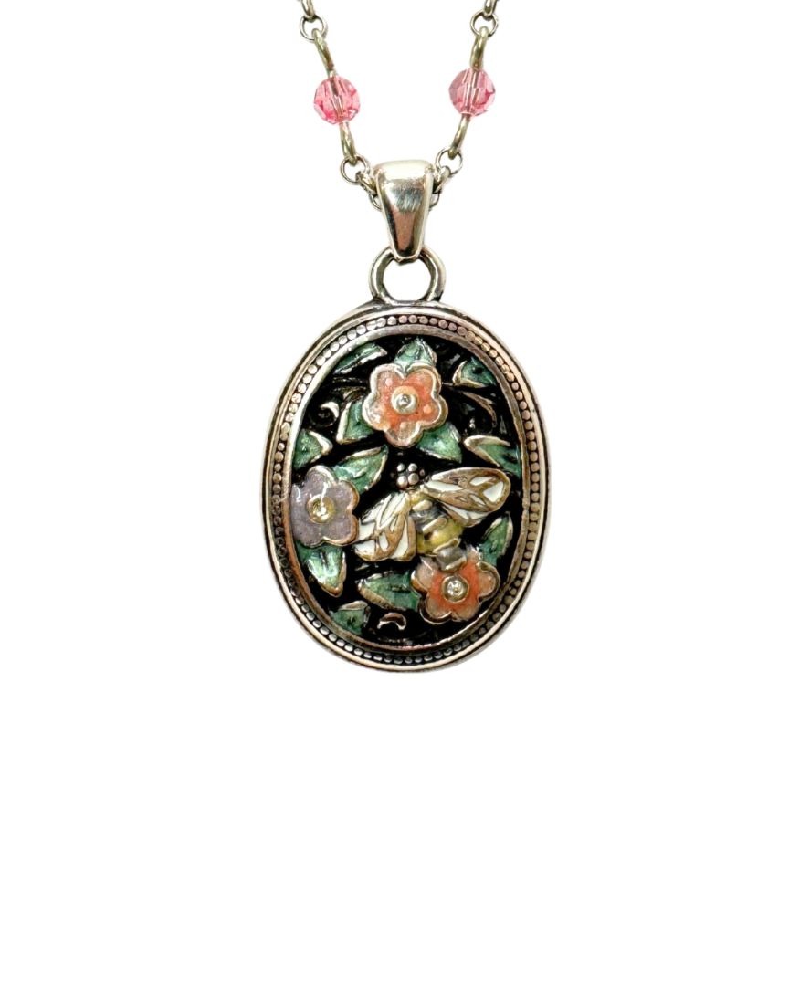Brighton Silver Tone Beaded Bee Cameo Necklace Pink Green Purple