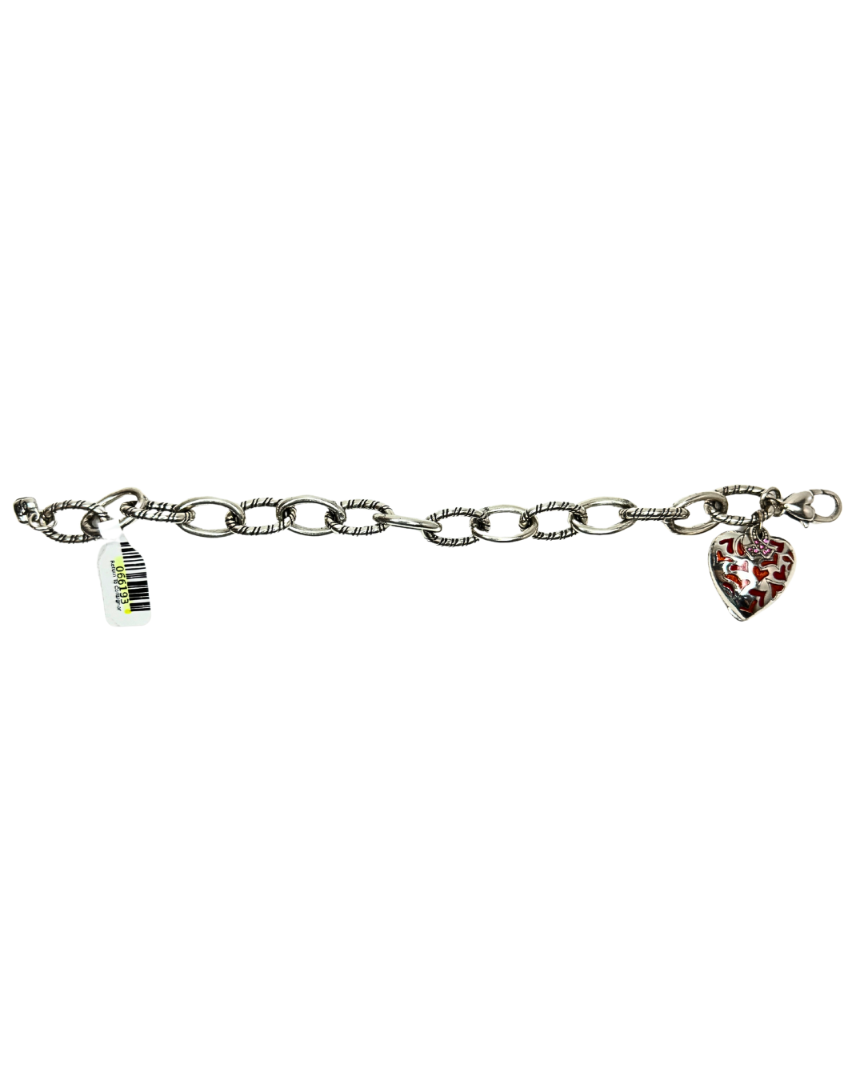 Brighton Silver Tone Textured Chain Breast Cancer Heart Charm Bracelet Red Orange Pink