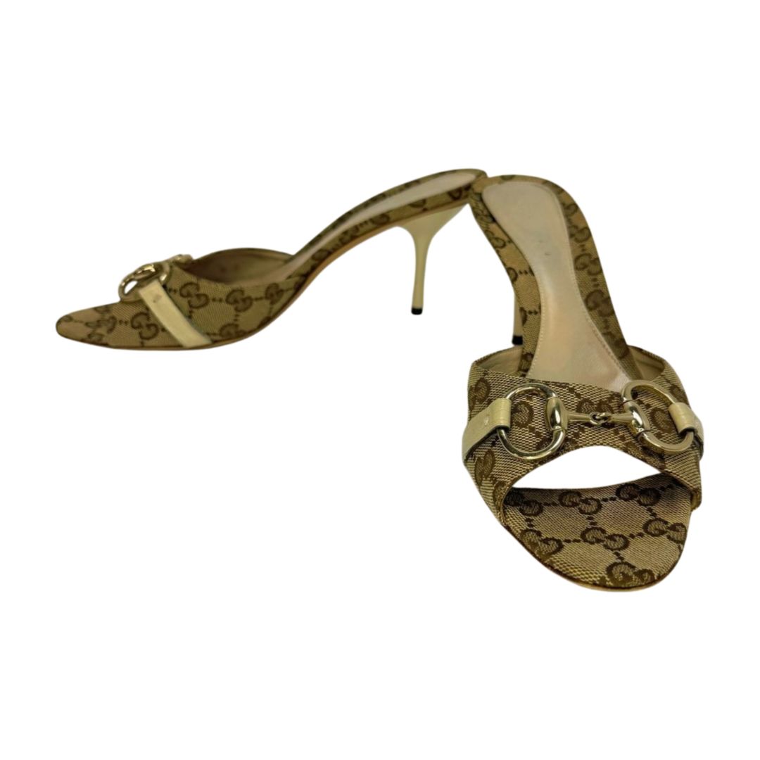 Gucci GG Canvas Slide Sandal Heels Beige