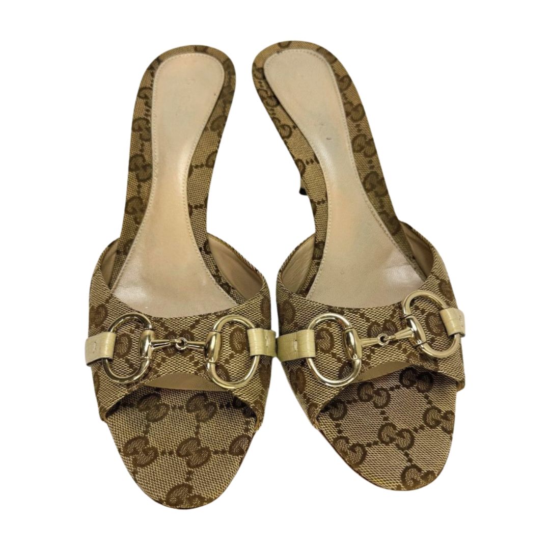 Gucci GG Canvas Slide Sandal Heels Beige