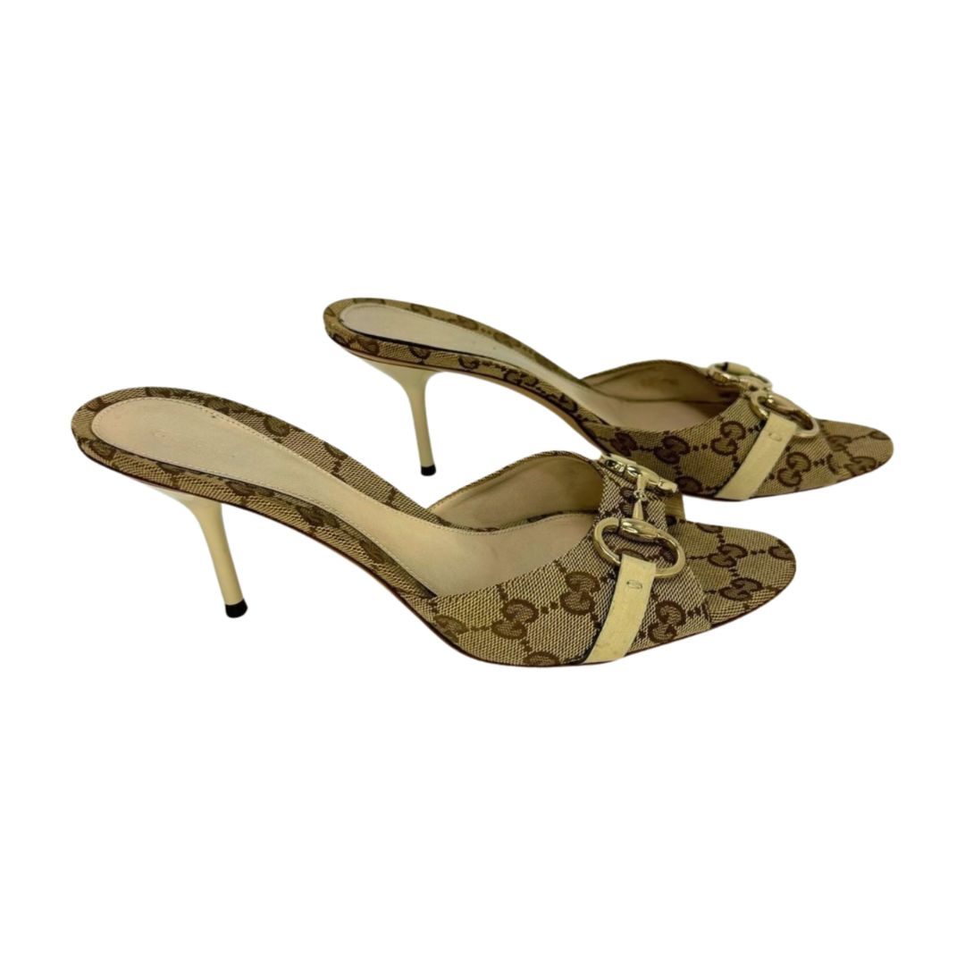 Gucci GG Canvas Slide Sandal Heels Beige