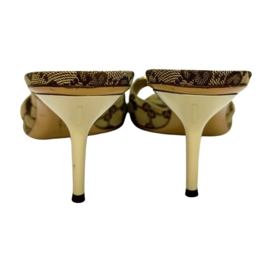 Gucci GG Canvas Slide Sandal Heels Beige