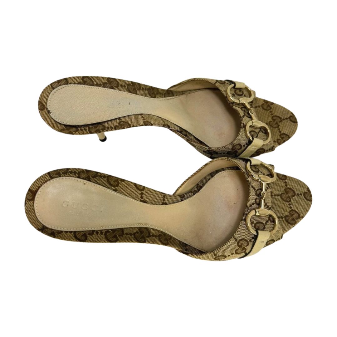 Gucci GG Canvas Slide Sandal Heels Beige