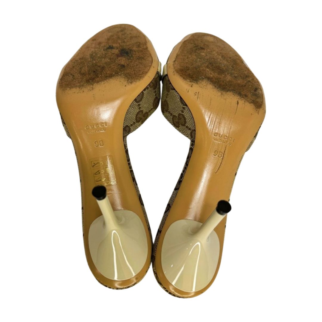 Gucci GG Canvas Slide Sandal Heels Beige