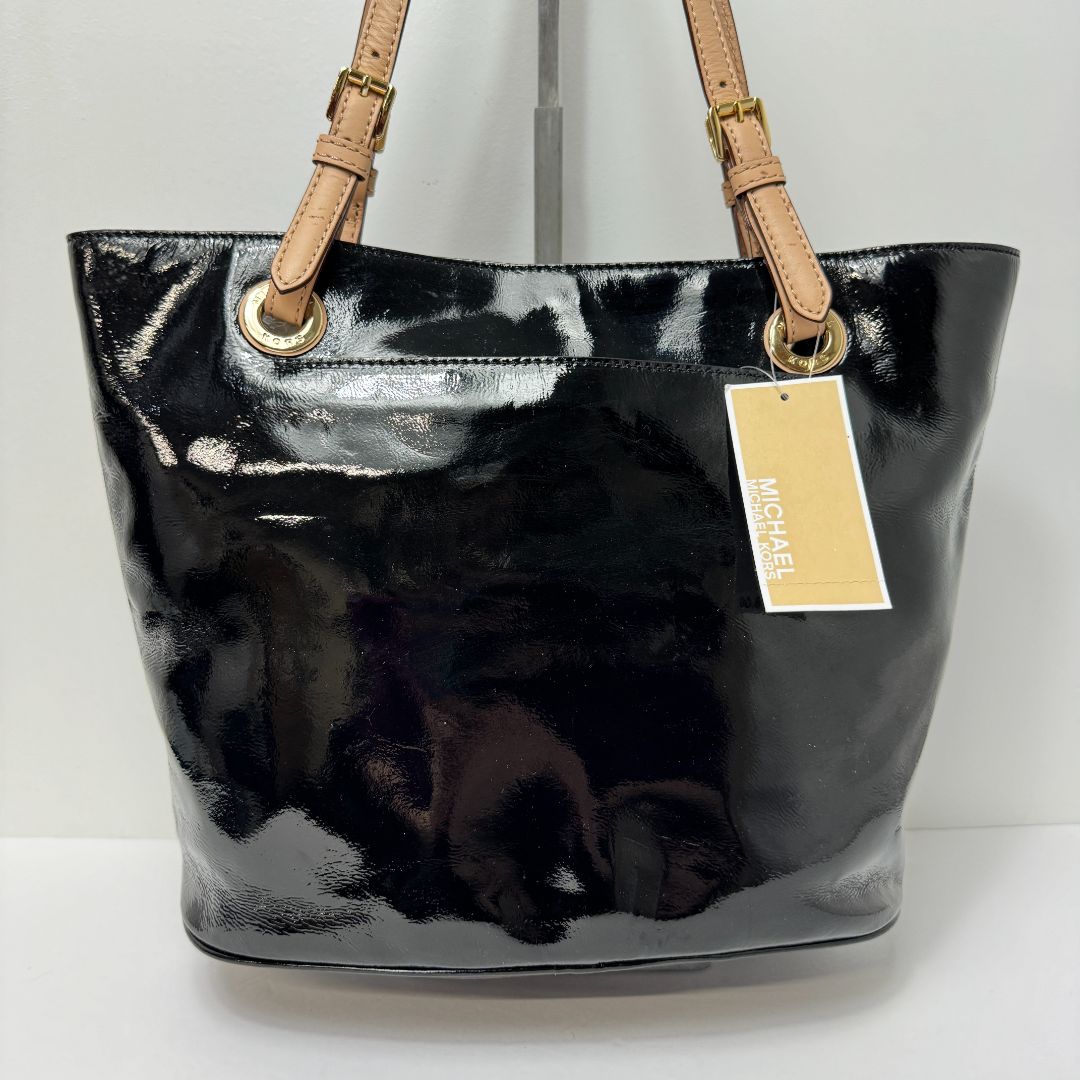 Michael Kors 2 Natural Leather Handles Patent Leather Body Purse Black