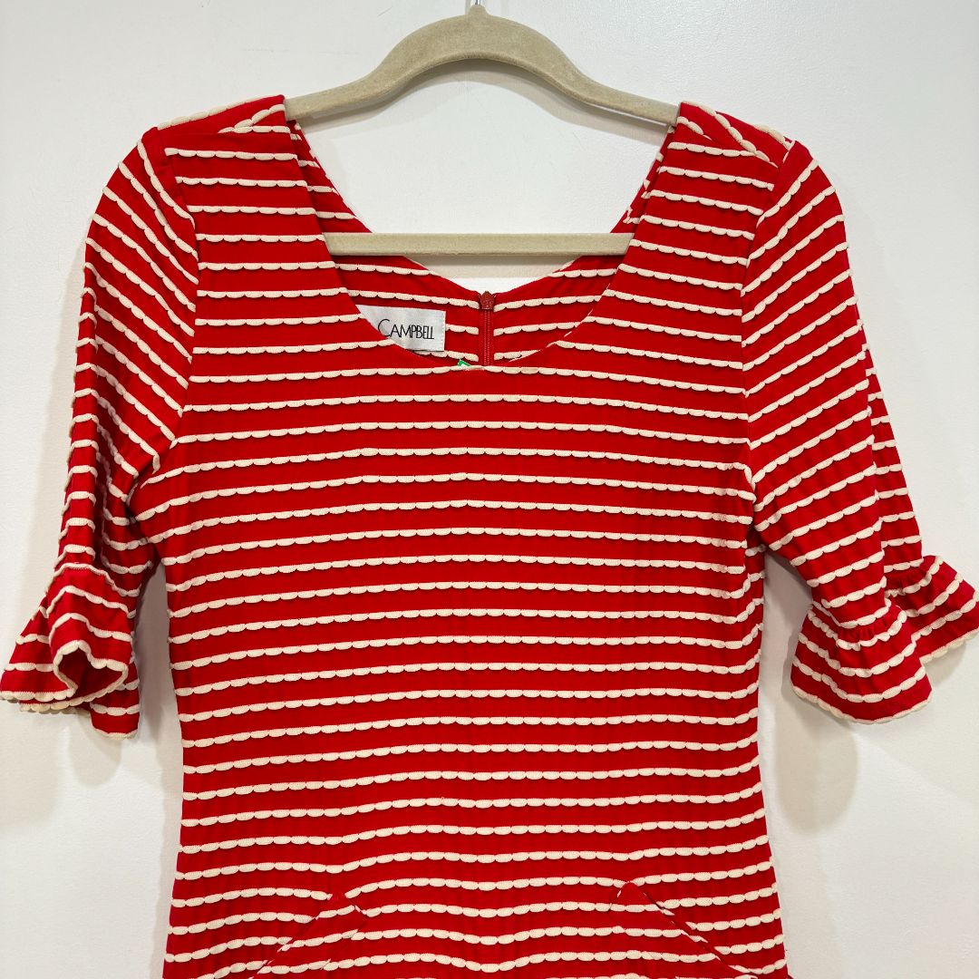Sara Campbell 3/4 Ruffle Sleeve Texture Stripe Shift Dress Red White