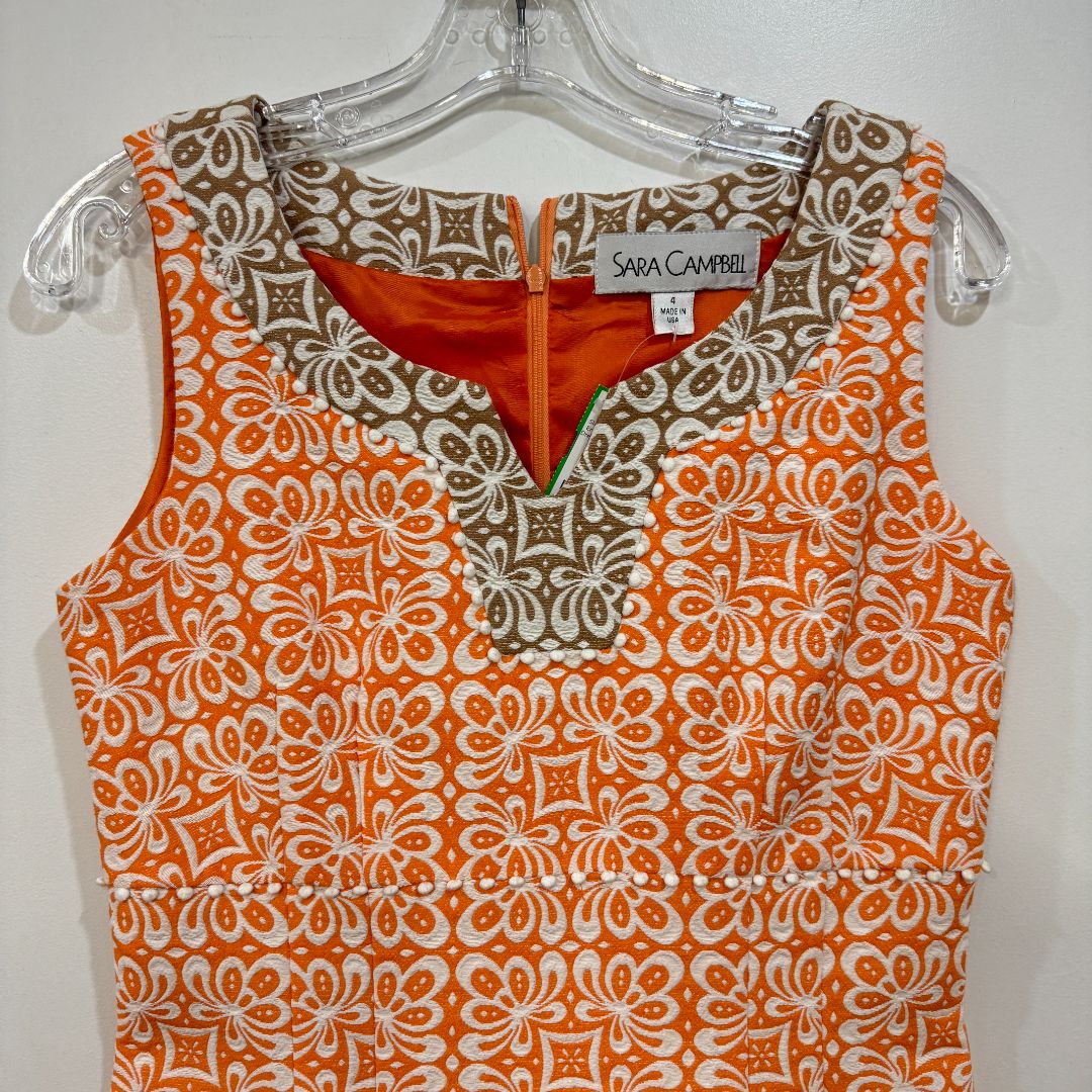 Sara Campbell Sleeveless Sheath Embroidered Print Dress Orange White Tan