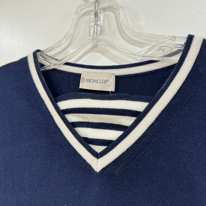 Moncler Long Sleeve Pullover Stripe Insert Logo Sweater Navy White
