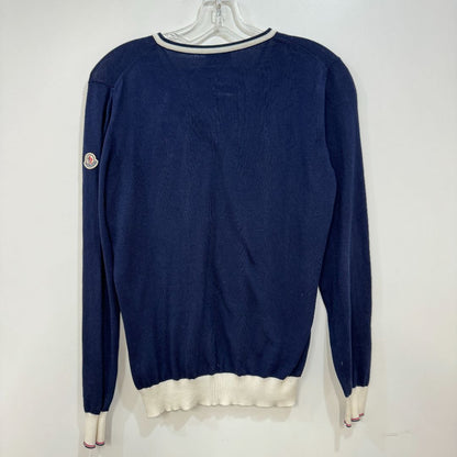 Moncler Long Sleeve Pullover Stripe Insert Logo Sweater Navy White