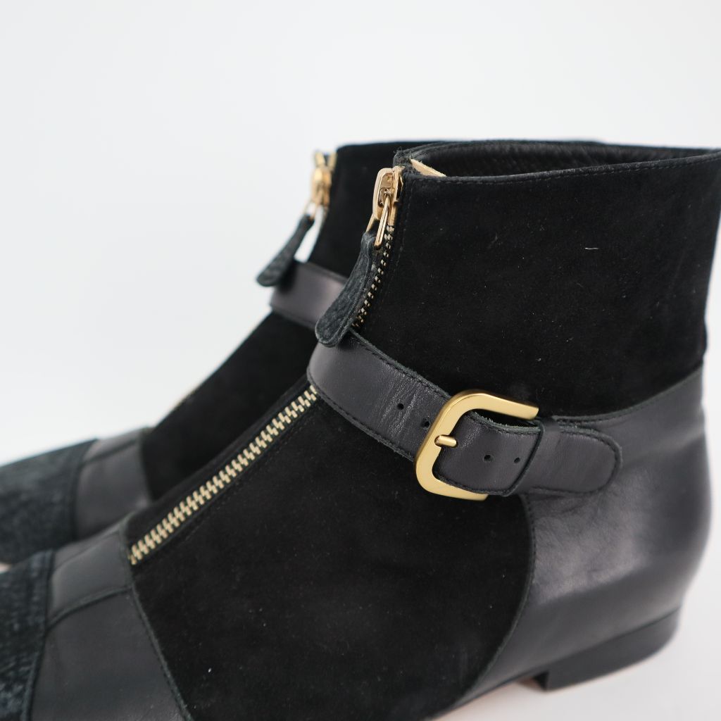 CHANEL Pointed Toe Front Zip Strappy Suede Leather Ankle Booties Black