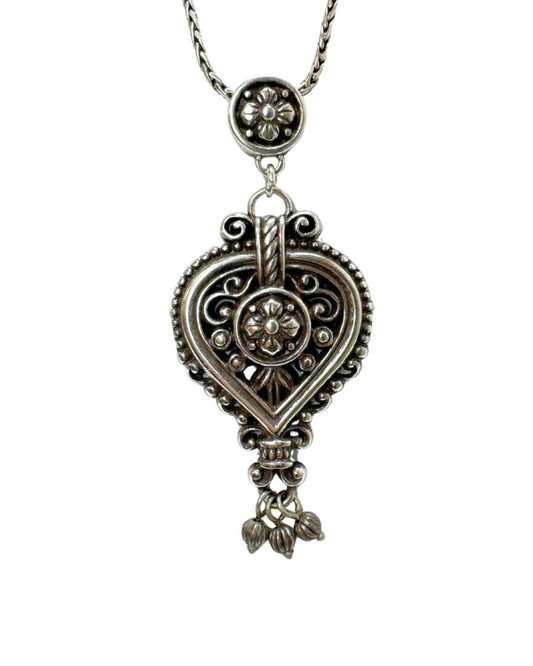 Brighton Silver Tone Ornate Heart Shape Pendant W/ Dangle Beads Necklace
