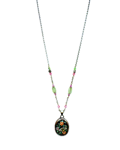 Brighton Silver Tone Beaded Bee Cameo Necklace Pink Green Purple