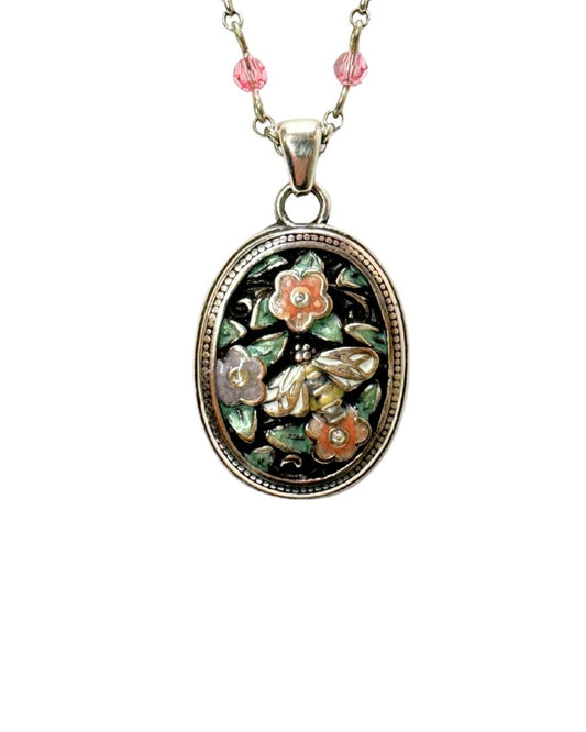 Brighton Silver Tone Beaded Bee Cameo Necklace Pink Green Purple