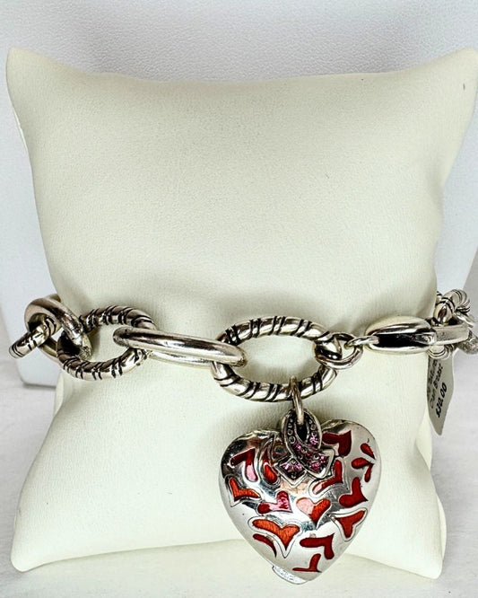 Brighton Silver Tone Textured Chain Breast Cancer Heart Charm Bracelet Red Orange Pink