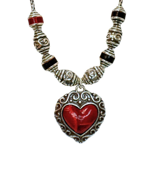 Brighton Silver Tone Multi Bead Heart Leather Necklace Red