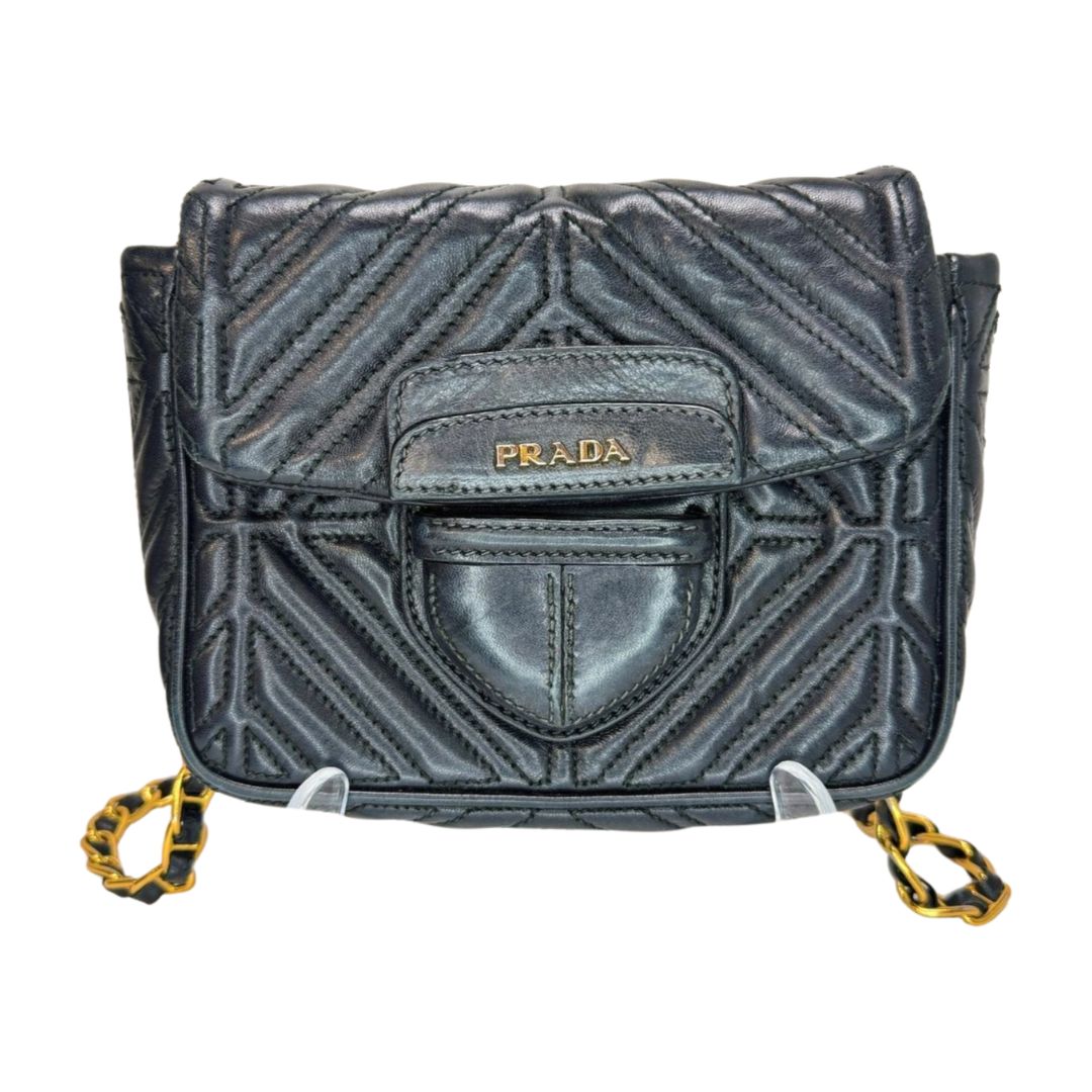 Prada Quilted Nappa Leather Foldover Snap Close Woven Chain Strap Crossbody Black