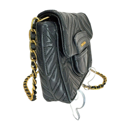 Prada Quilted Nappa Leather Foldover Snap Close Woven Chain Strap Crossbody Black
