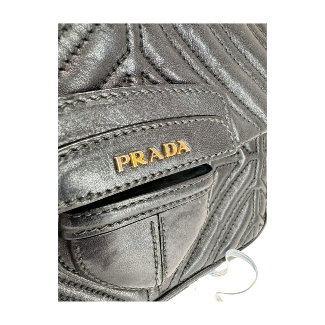 Prada Quilted Nappa Leather Foldover Snap Close Woven Chain Strap Crossbody Black