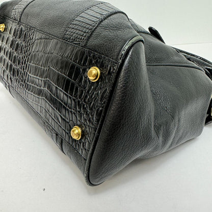 Brahmin "Bridget" Fold Over Calf Hair Magnetic Close Pebbled Leather Shoulder Bag Black