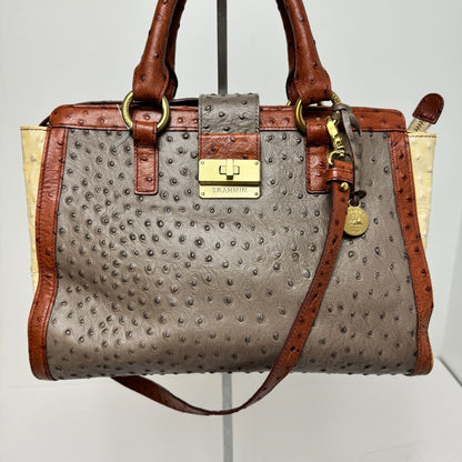 Brahmin "Annabelle" Ostrich Embossed Leather Zip Top Colorblock Convertible Satchel Taupe Brown