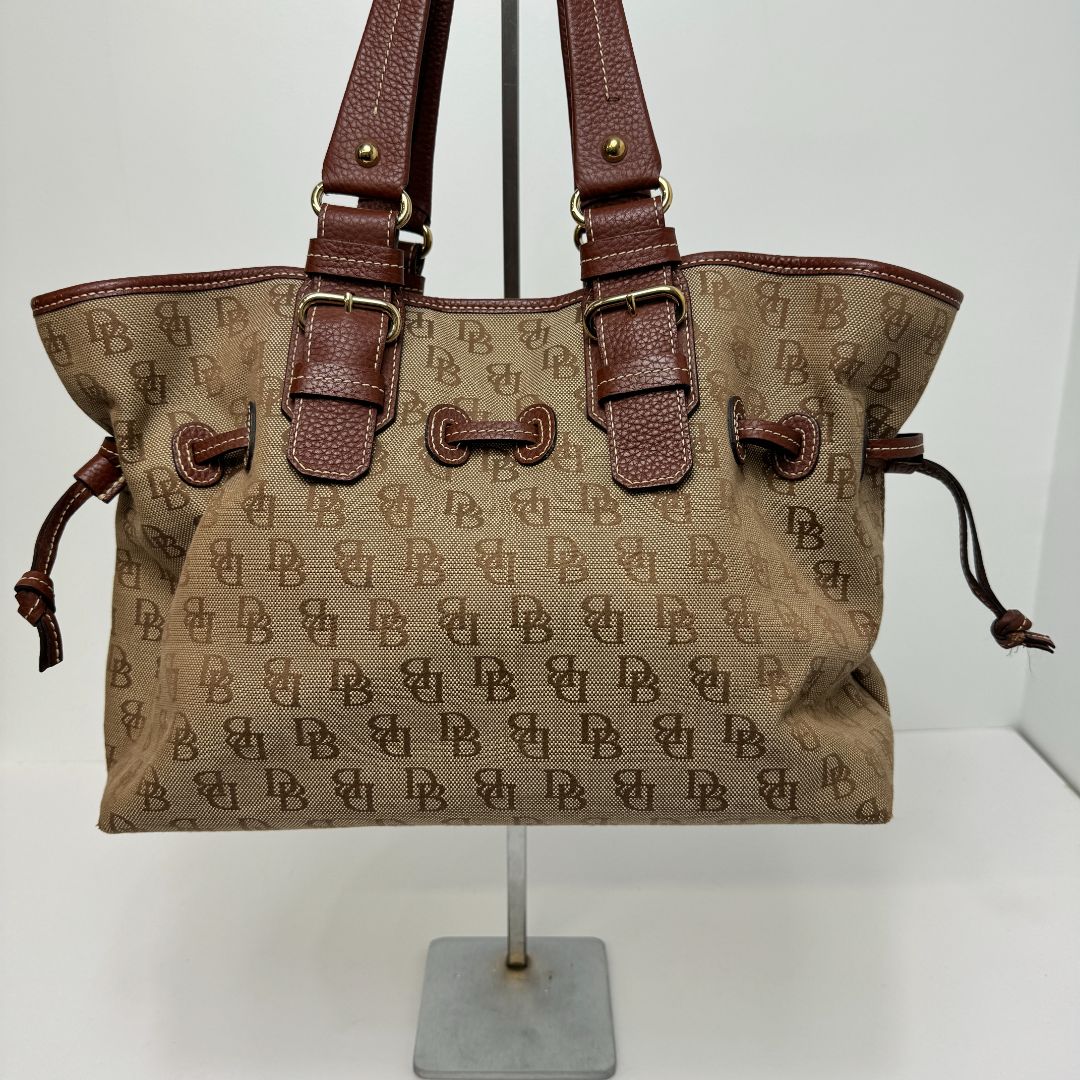 Dooney & Bourke Jacquard Logo Canvas & Leather Cinch Top Snap Close Tote Brown