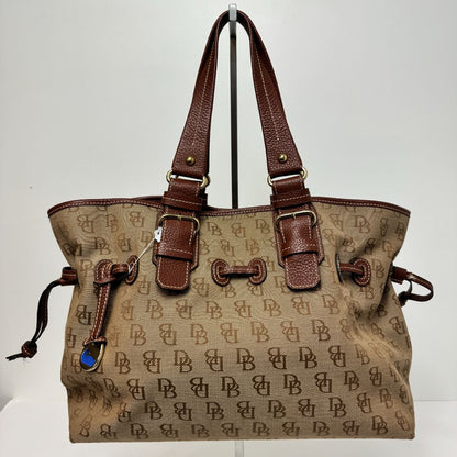 Dooney & Bourke Jacquard Logo Canvas & Leather Cinch Top Snap Close Tote Brown