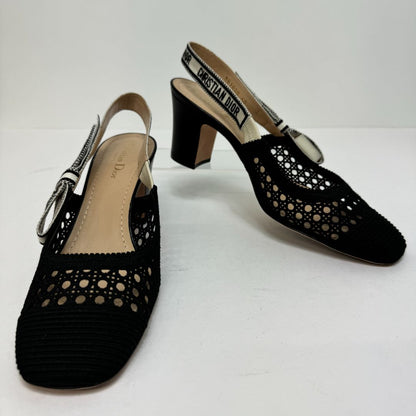 Dior & Moi Cannage Mesh Embroidered Slingback Block Heels Black