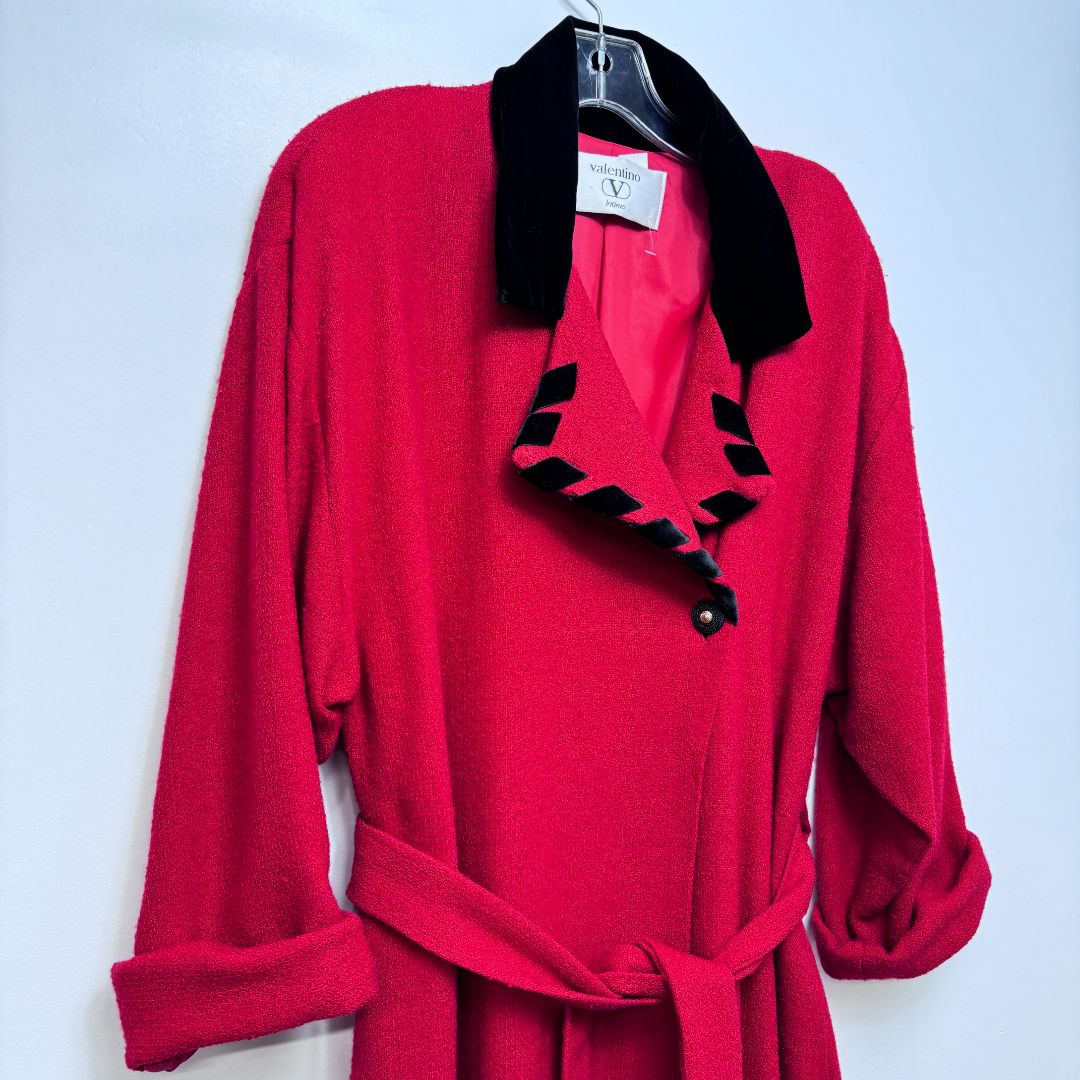 Valentino Long Sleeve Velvet Collar Whipstitch Single Button 100% Wool Full Length Coat Red Black