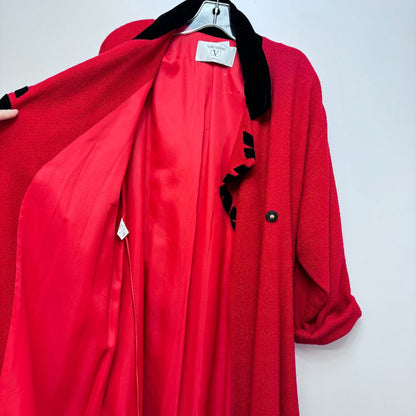 Valentino Long Sleeve Velvet Collar Whipstitch Single Button 100% Wool Full Length Coat Red Black