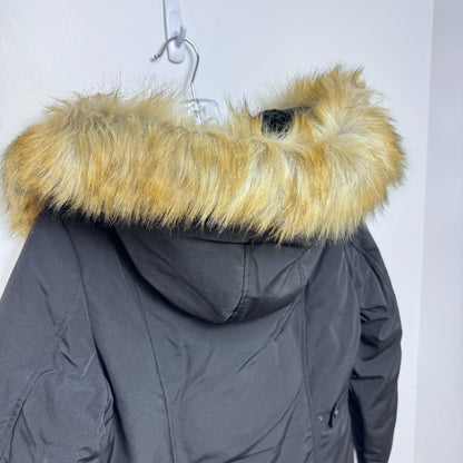 Sam Edelman Long Sleeve Full Zip & Snap Hood Faux Fur Trim Coat Black