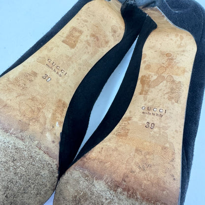 Gucci Square Toe Platform Nubuck Leather Heels Black