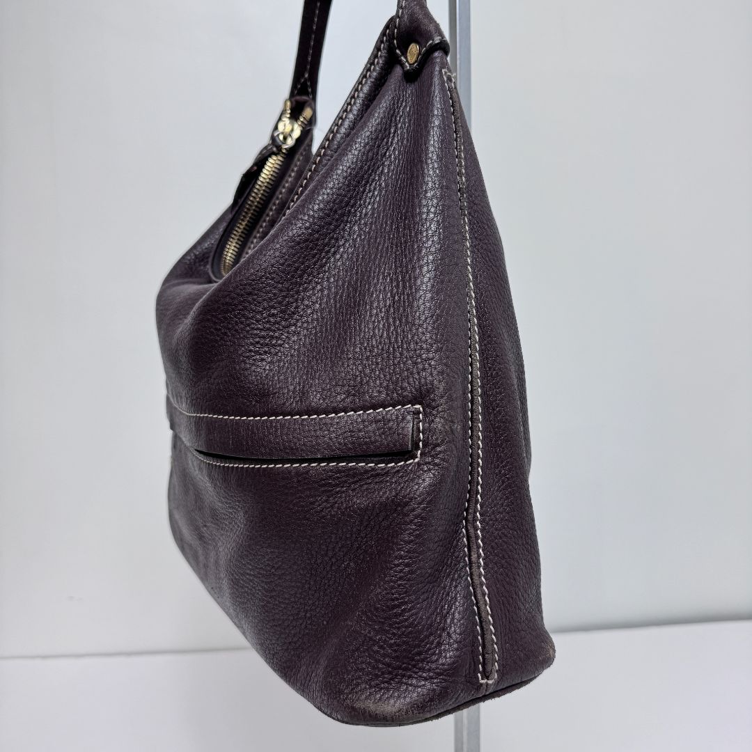 Celine Buttery Soft Pebbled Leather Zip Top Clasp Strap Shoulder Bag Brown
