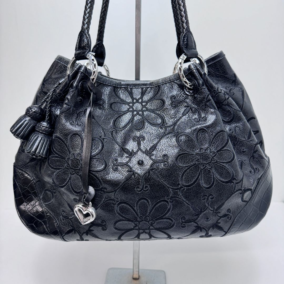 Brighton Embroidered Floral on Leather Braided Straps Tote Black