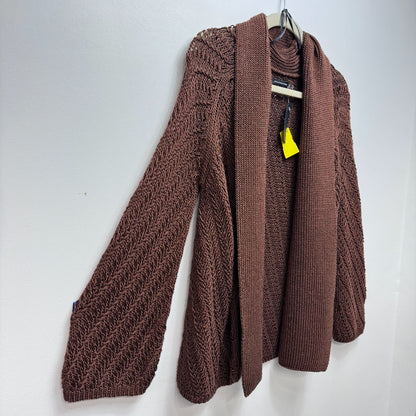 Josie Natori Long Sleeve Open Front Mix Knit Sweater Brown