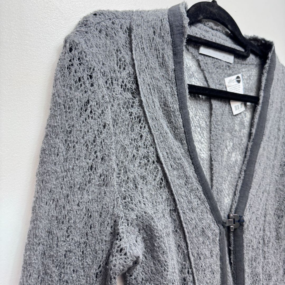 Anikalena Skarstrom Long Sleeve Clasp Front Ribbon Trim Loose Woven Sweater Gray