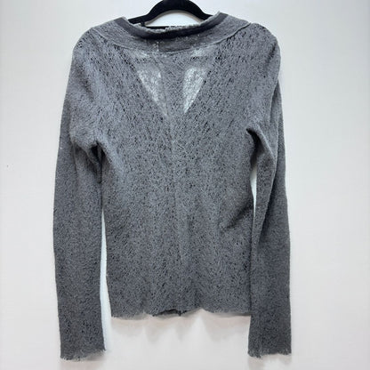 Anikalena Skarstrom Long Sleeve Clasp Front Ribbon Trim Loose Woven Sweater Gray