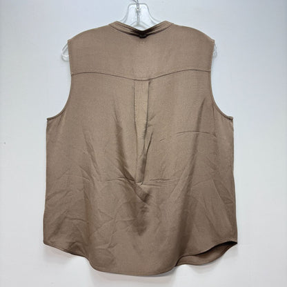 St. John Sleeveless Collared Chest Flap Pockets Drop-Hem Full-Button Front Sequined-Detailed Top Mocha