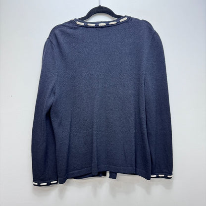 St. John Long Sleeve Dashed Trime Patch Pocket Zip Front Sweater Navy Blue White