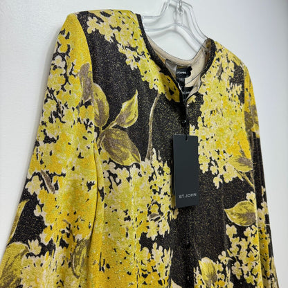 St. John Long Sleeve Button Front Floral Print Studded Cardigan + Matching Tank Top Sweater Black Green Yellow SET OF 2