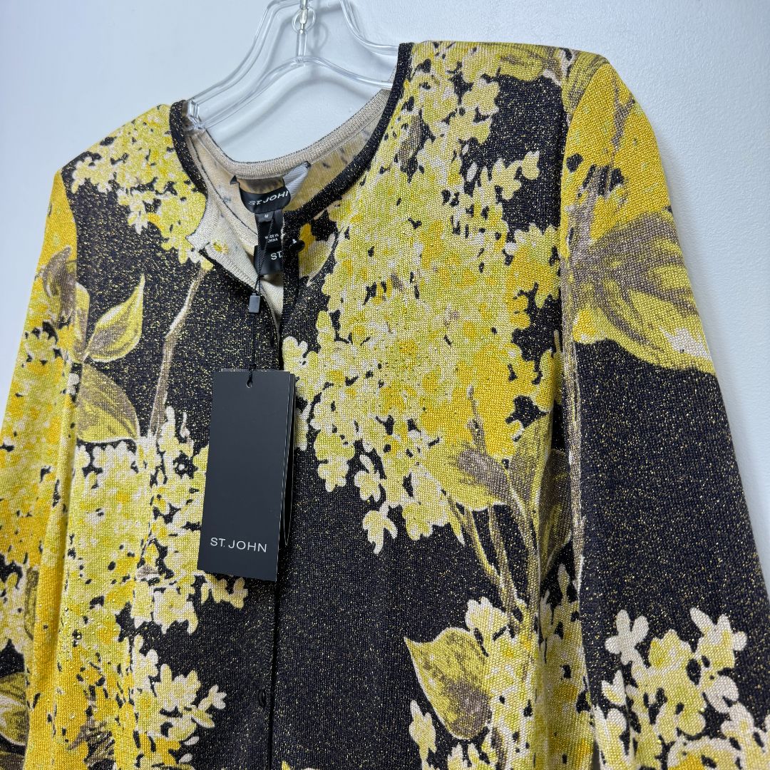 St. John Long Sleeve Button Front Floral Print Studded Cardigan + Matching Tank Top Sweater Black Green Yellow SET OF 2