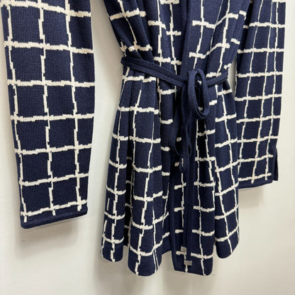 St. John Long Sleeve Grid Pattern Belted Mid-Length Sweater + Solid Knit Tank Sweater Navy Blue White SET OF 2
