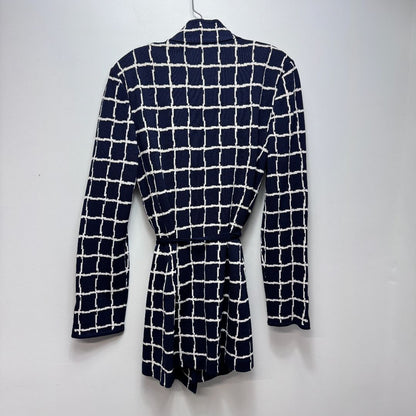 St. John Long Sleeve Grid Pattern Belted Mid-Length Sweater + Solid Knit Tank Sweater Navy Blue White SET OF 2