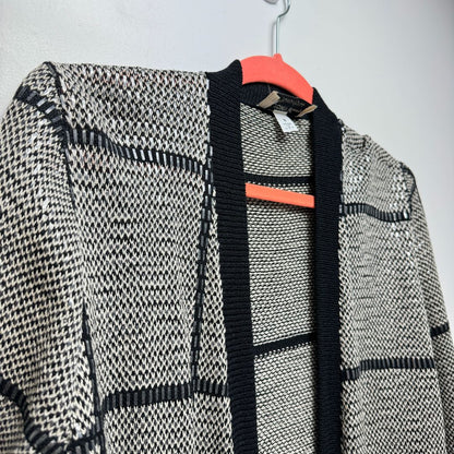 St. John Long Sleeve Open Front Woven Grid Pattern Mid-Length Sweater Black White