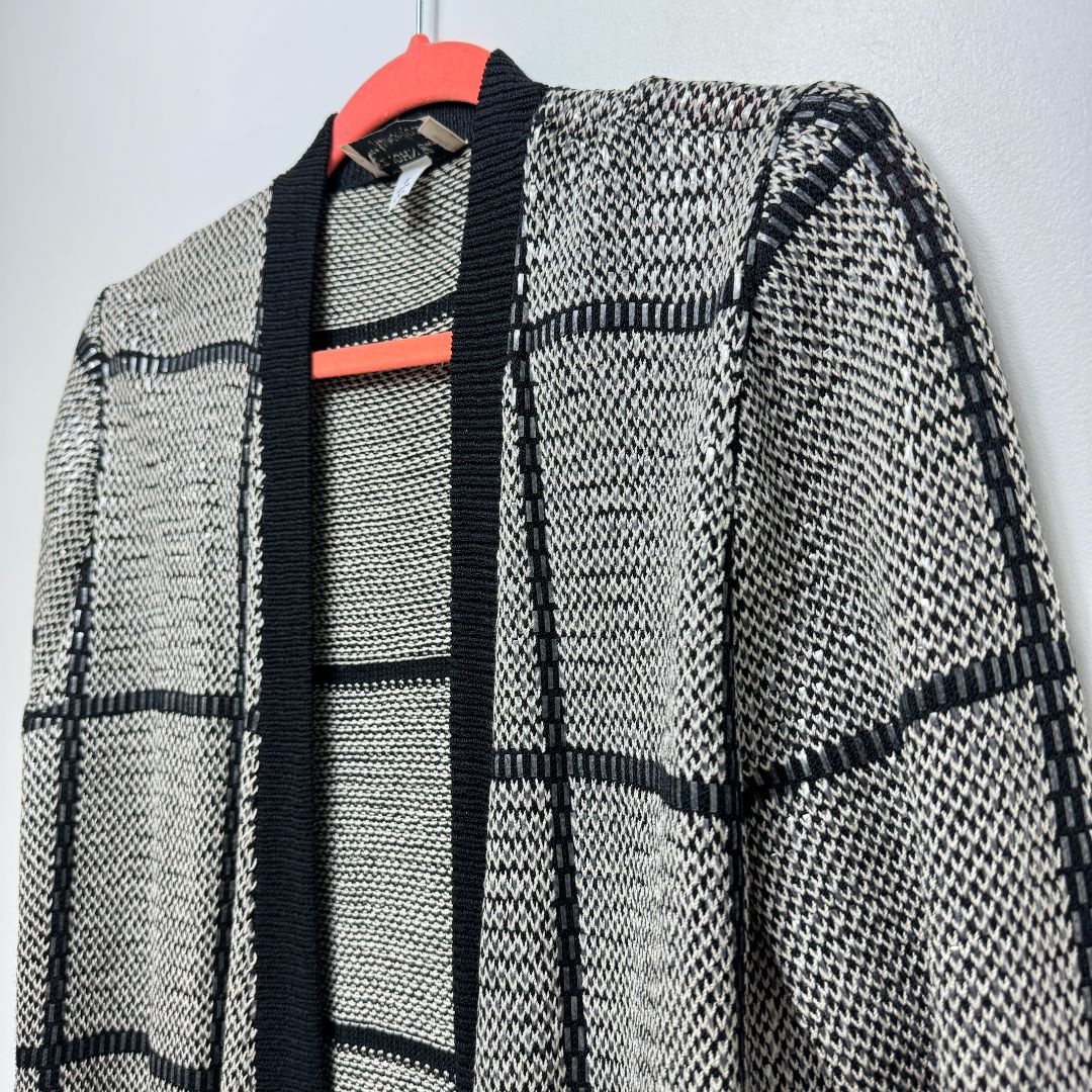 St. John Long Sleeve Open Front Woven Grid Pattern Mid-Length Sweater Black White