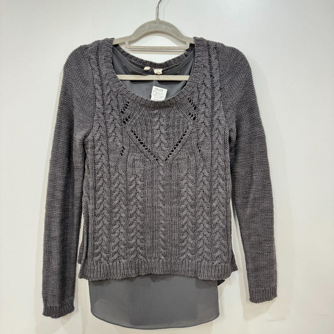 Anthropologie Moth Long Sleeve Crocheted Pullover w/ Chiffon Underlayer Sweater Gray