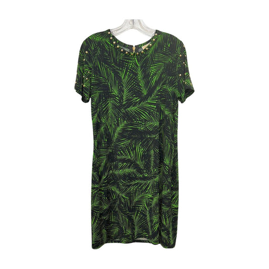 Michael Kors Short Sleeve Rivets Detail Leaf Print Dress Green Black