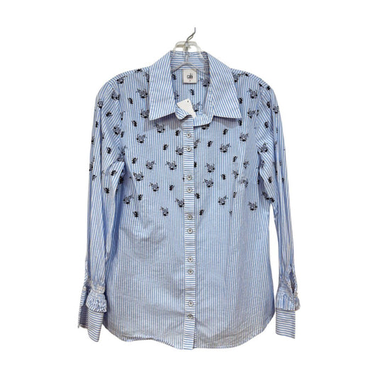 CAbi Long Gathered Sleeve Button Down Blue Flowers Top White Navy Blue
