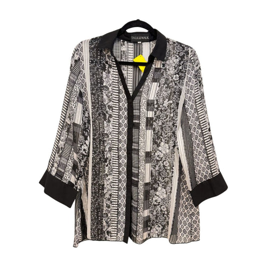 Talk of the Walk Long Sleeve Button Front Collared Multi-Print Stripes Flowy Top Black White