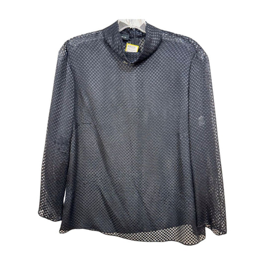 AKRIS 3/4-Sleeve Silk-Blend Stand-Collar Back-Zip Checkered-Design Sheer Top Black